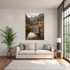 Junges Maedchen Im Perioden Code Das Stand By Einem Bach Mit Berglandschaft Und Horsen