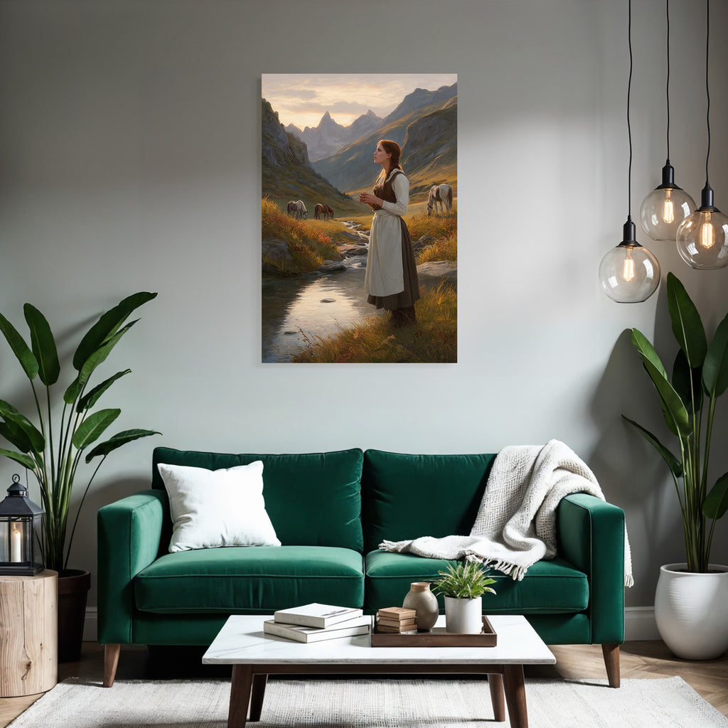 Junges Maedchen Im Perioden Code Das Stand By Einem Bach Mit Berglandschaft Und Horsen