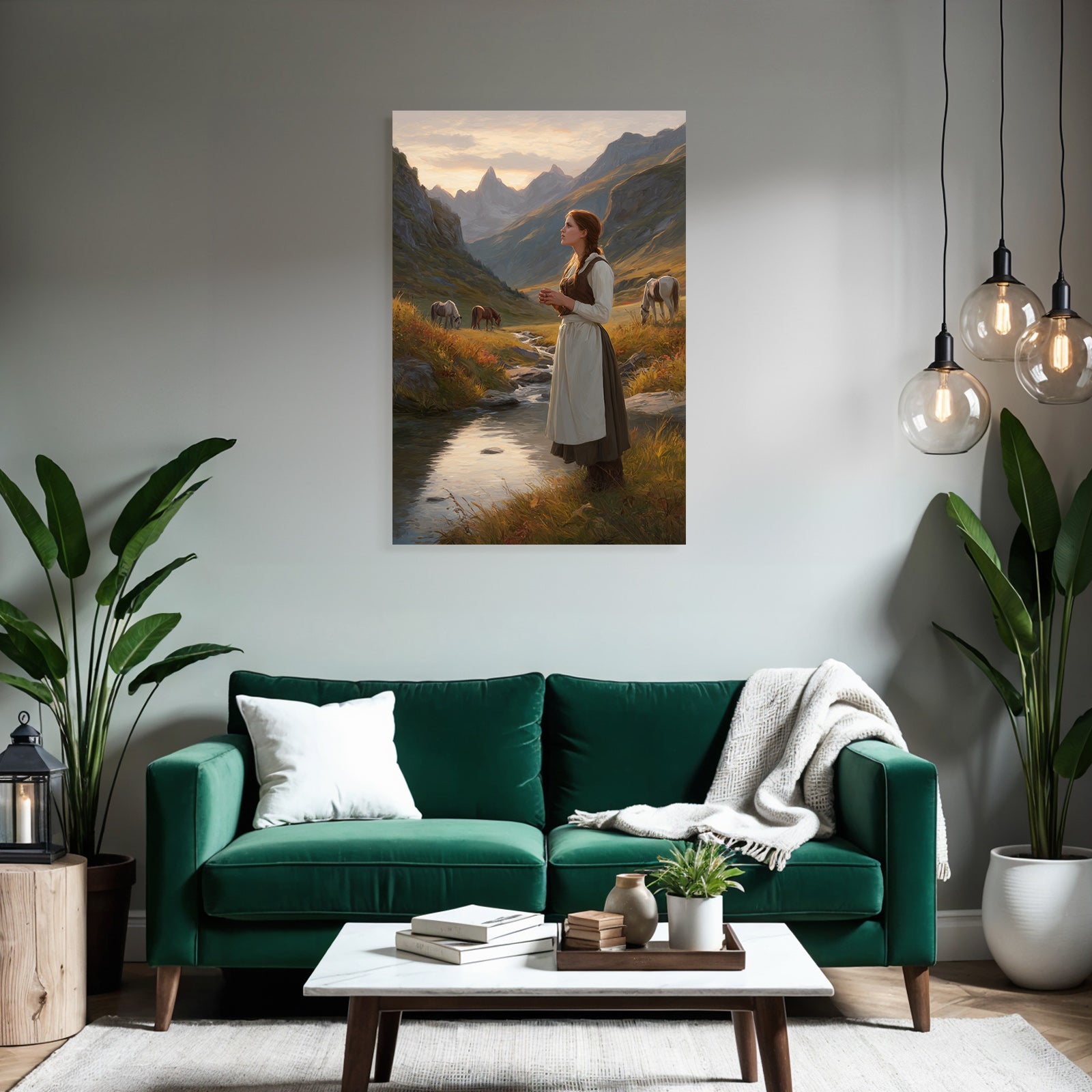 Junges Maedchen Im Perioden Code Das Stand By Einem Bach Mit Berglandschaft Und Horsen