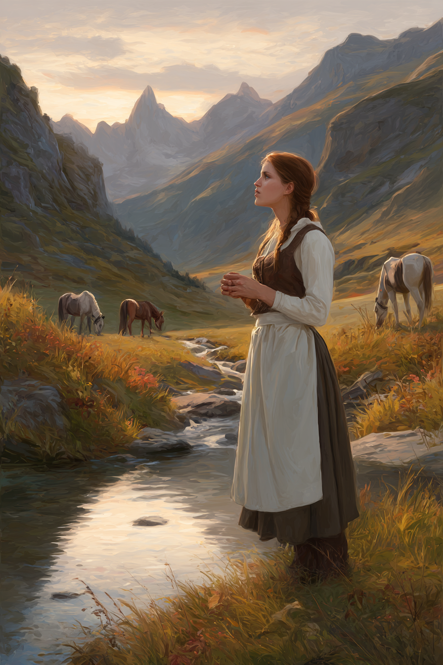 Junges Maedchen Im Perioden Code Das Stand By Einem Bach Mit Berglandschaft Und Horsen | Klassisch | Einrichtungsstile