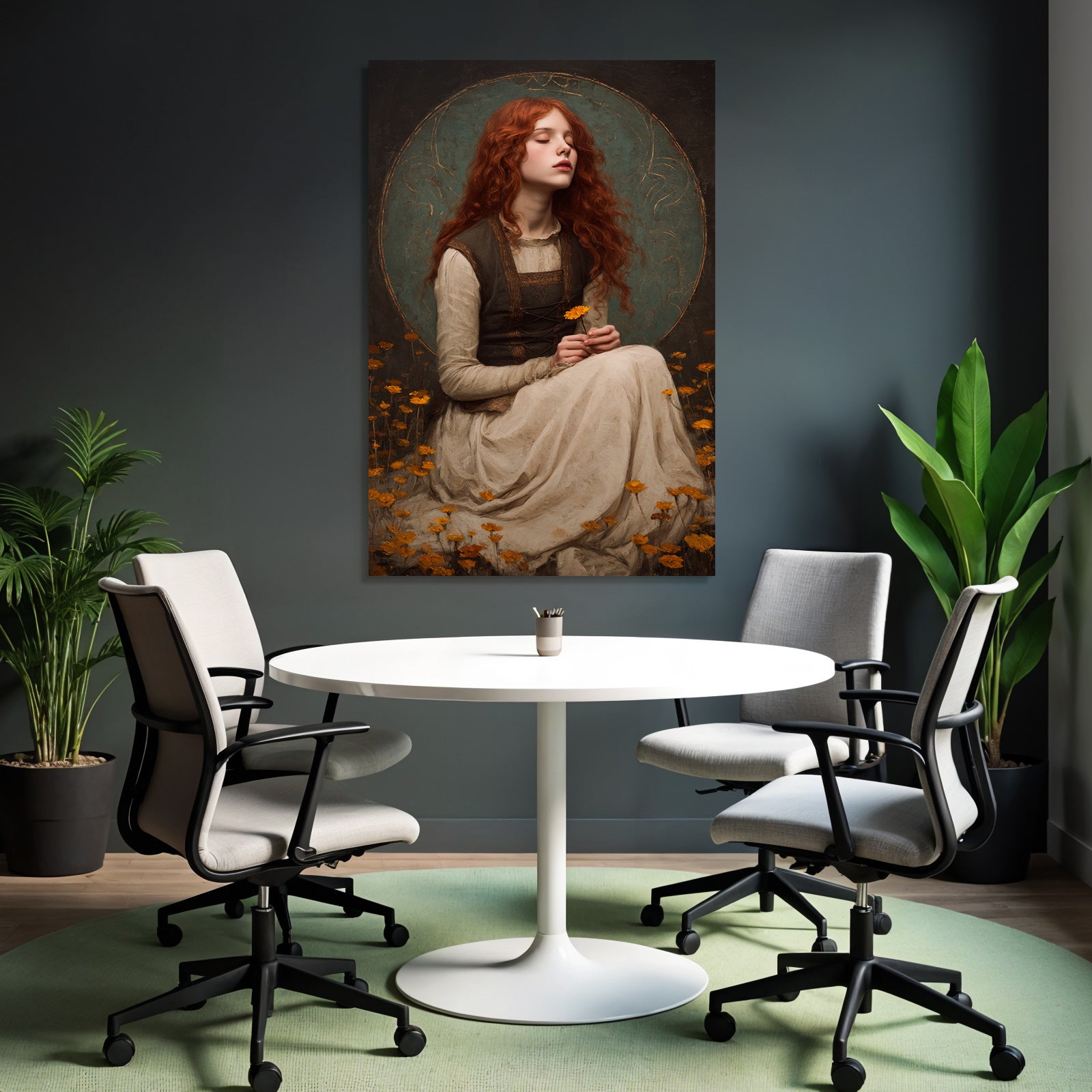 Maedchen Mit Rotem Haar Im Blumenfeld Tranquilitaet Kunst
