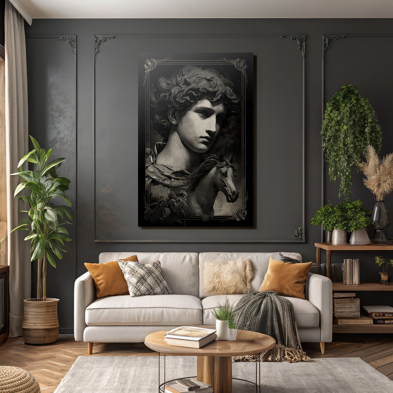 Maennlicher Figuren Portrait Mit Pferdekopf Und Blumen Kunstwerk