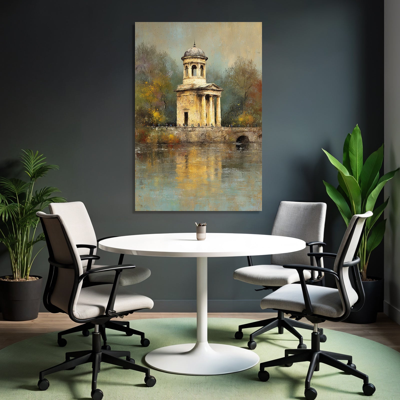 Malerei Panoramischer Herbstblick Mit Gazebo Und Figuren Weg Am Wasser