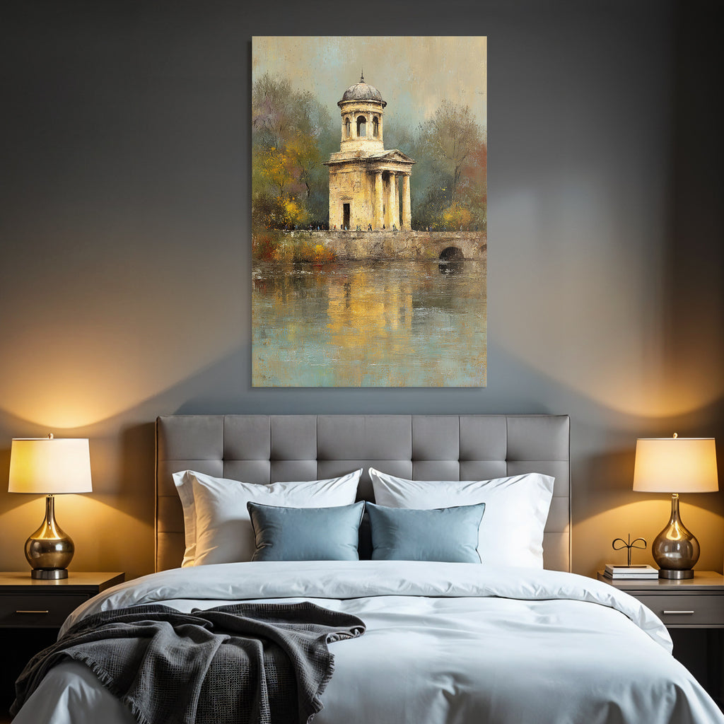 Malerei Panoramischer Herbstblick Mit Gazebo Und Figuren Weg Am Wasser