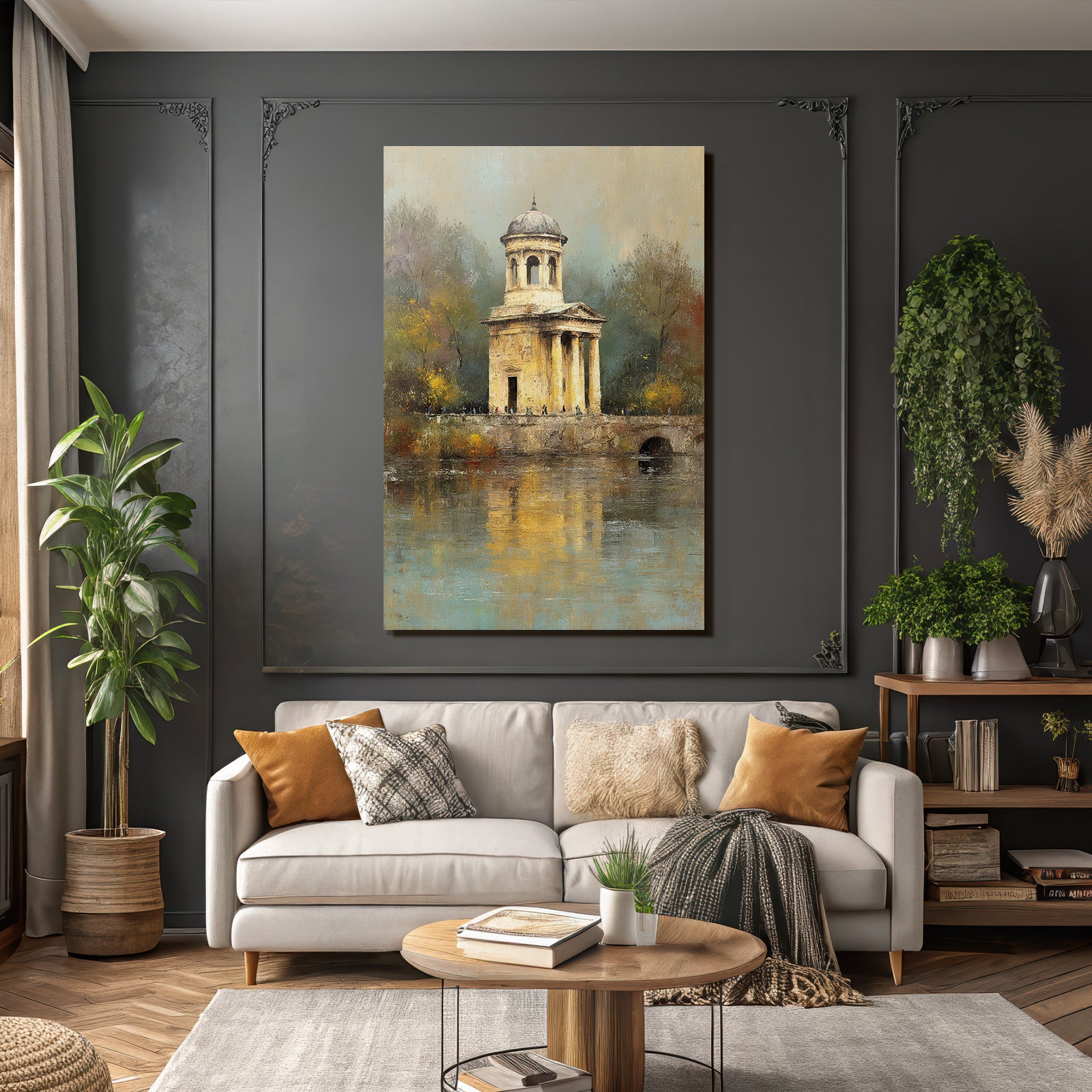 Malerei Panoramischer Herbstblick Mit Gazebo Und Figuren Weg Am Wasser