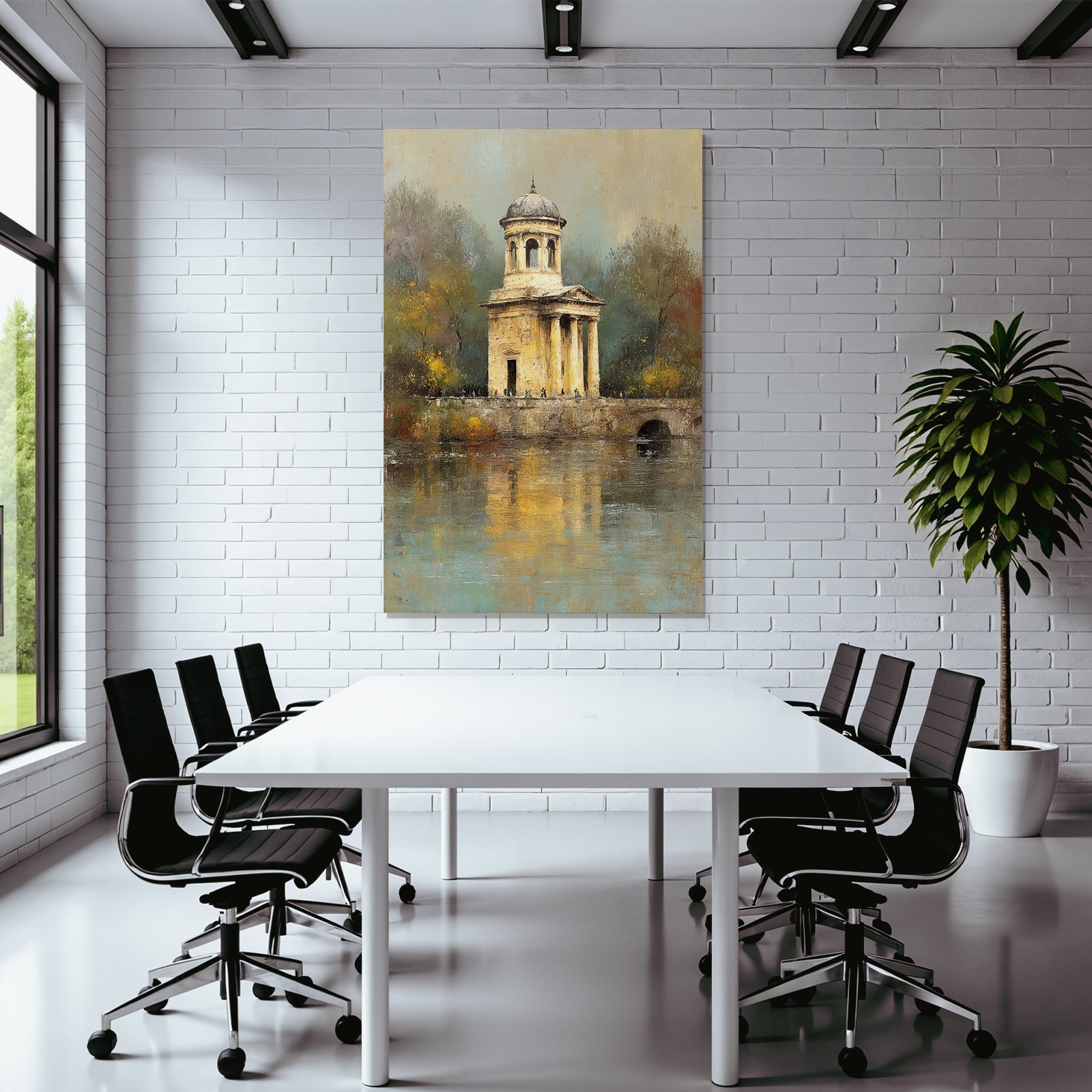 Malerei Panoramischer Herbstblick Mit Gazebo Und Figuren Weg Am Wasser