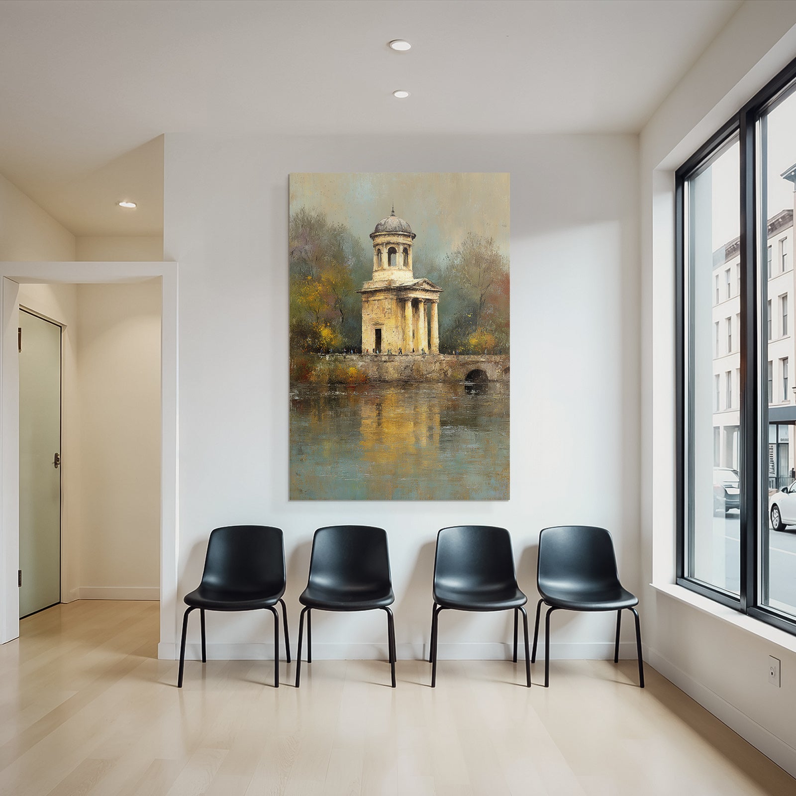 Malerei Panoramischer Herbstblick Mit Gazebo Und Figuren Weg Am Wasser
