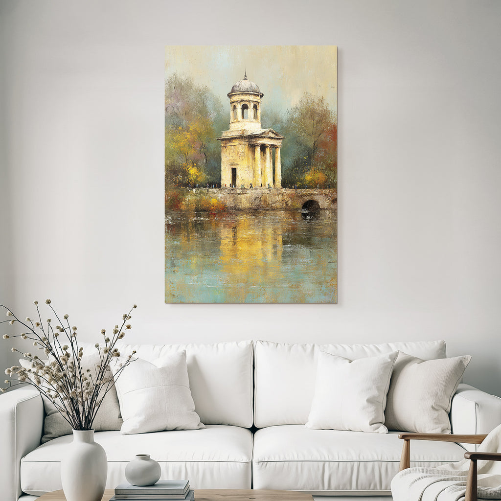 Malerei Panoramischer Herbstblick Mit Gazebo Und Figuren Weg Am Wasser