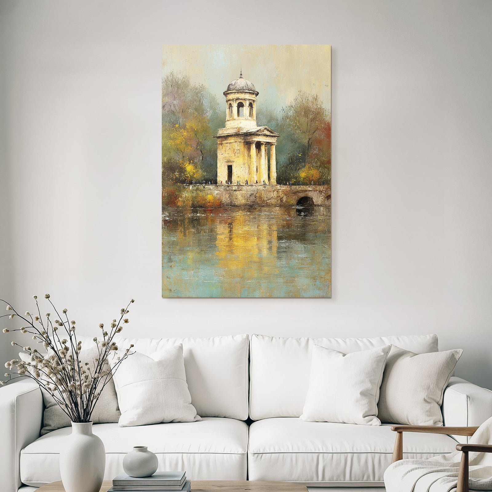 Malerei Panoramischer Herbstblick Mit Gazebo Und Figuren Weg Am Wasser