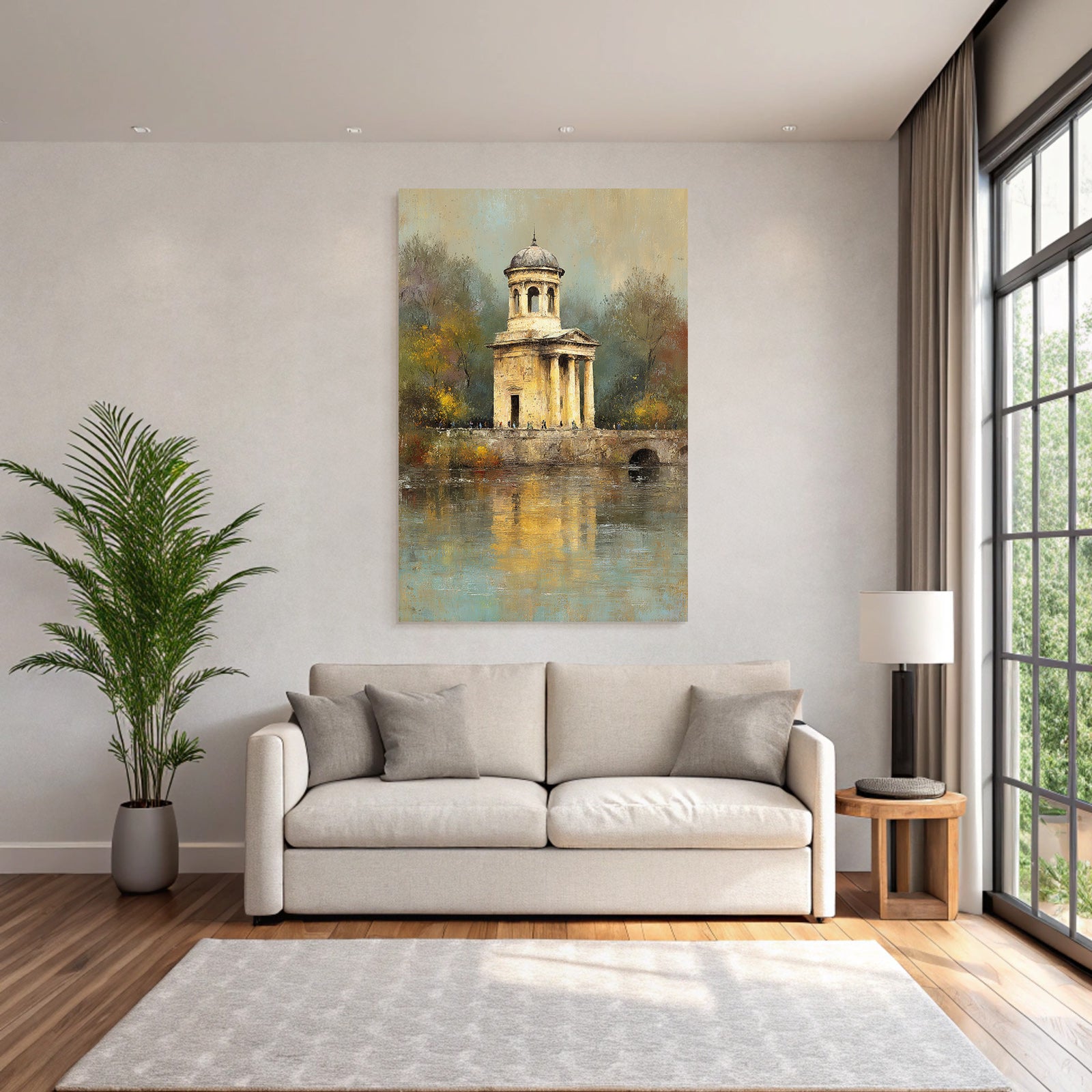 Malerei Panoramischer Herbstblick Mit Gazebo Und Figuren Weg Am Wasser