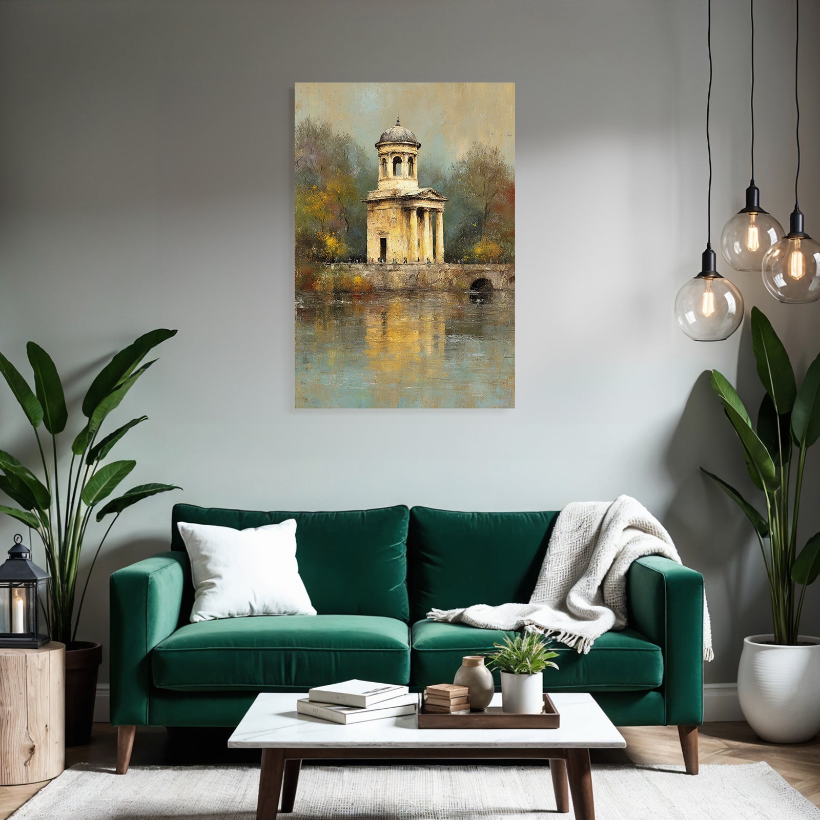 Malerei Panoramischer Herbstblick Mit Gazebo Und Figuren Weg Am Wasser