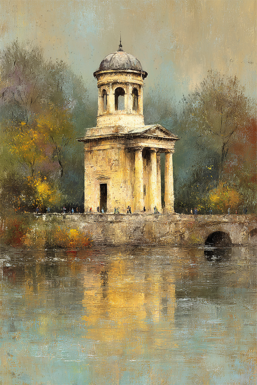 Malerei Panoramischer Herbstblick Mit Gazebo Und Figuren Weg Am Wasser | Klassisch | Einrichtungsstile