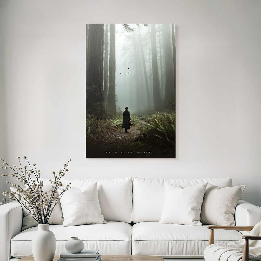 Mistiger Wald Mit Person In Vintage Kleidung