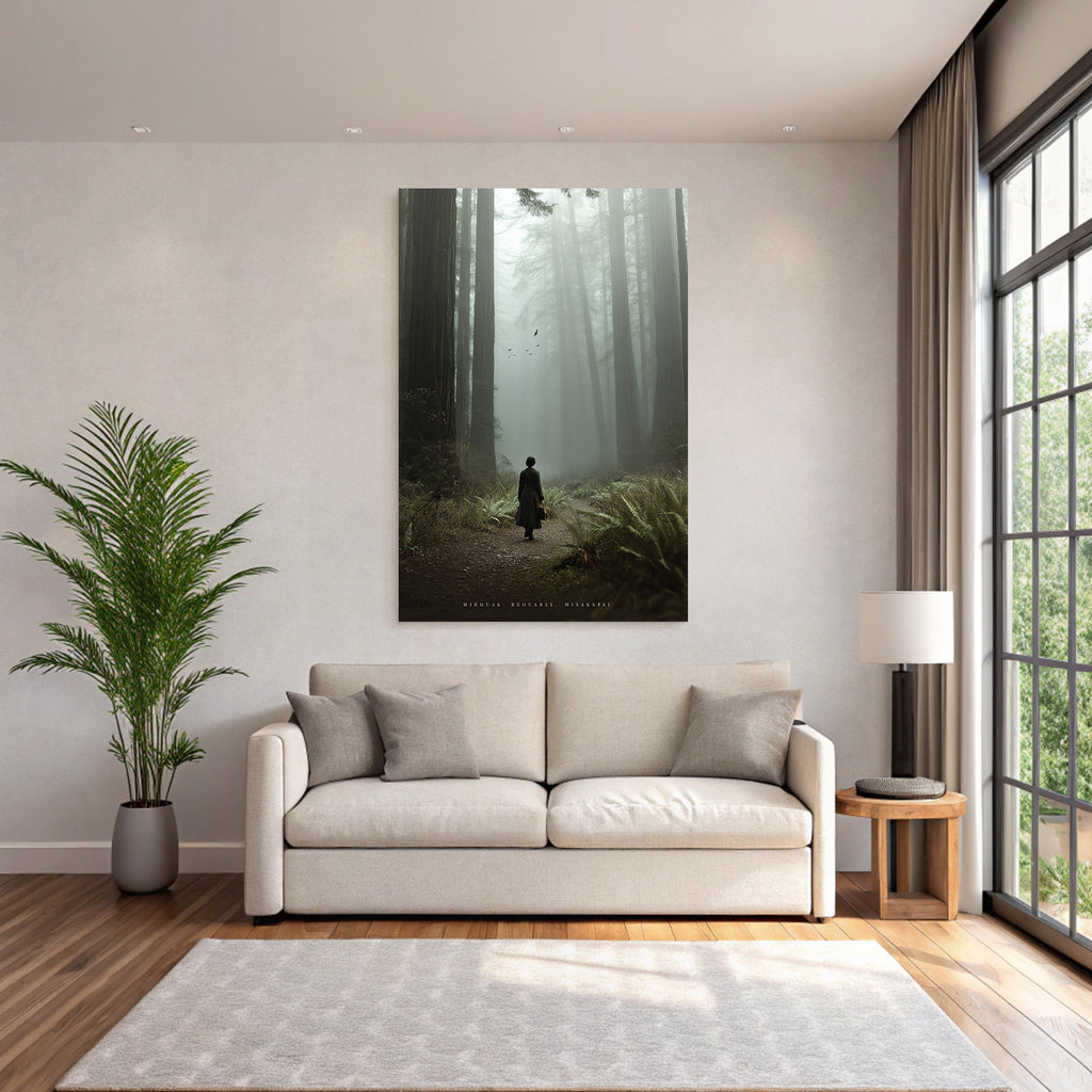 Mistiger Wald Mit Person In Vintage Kleidung