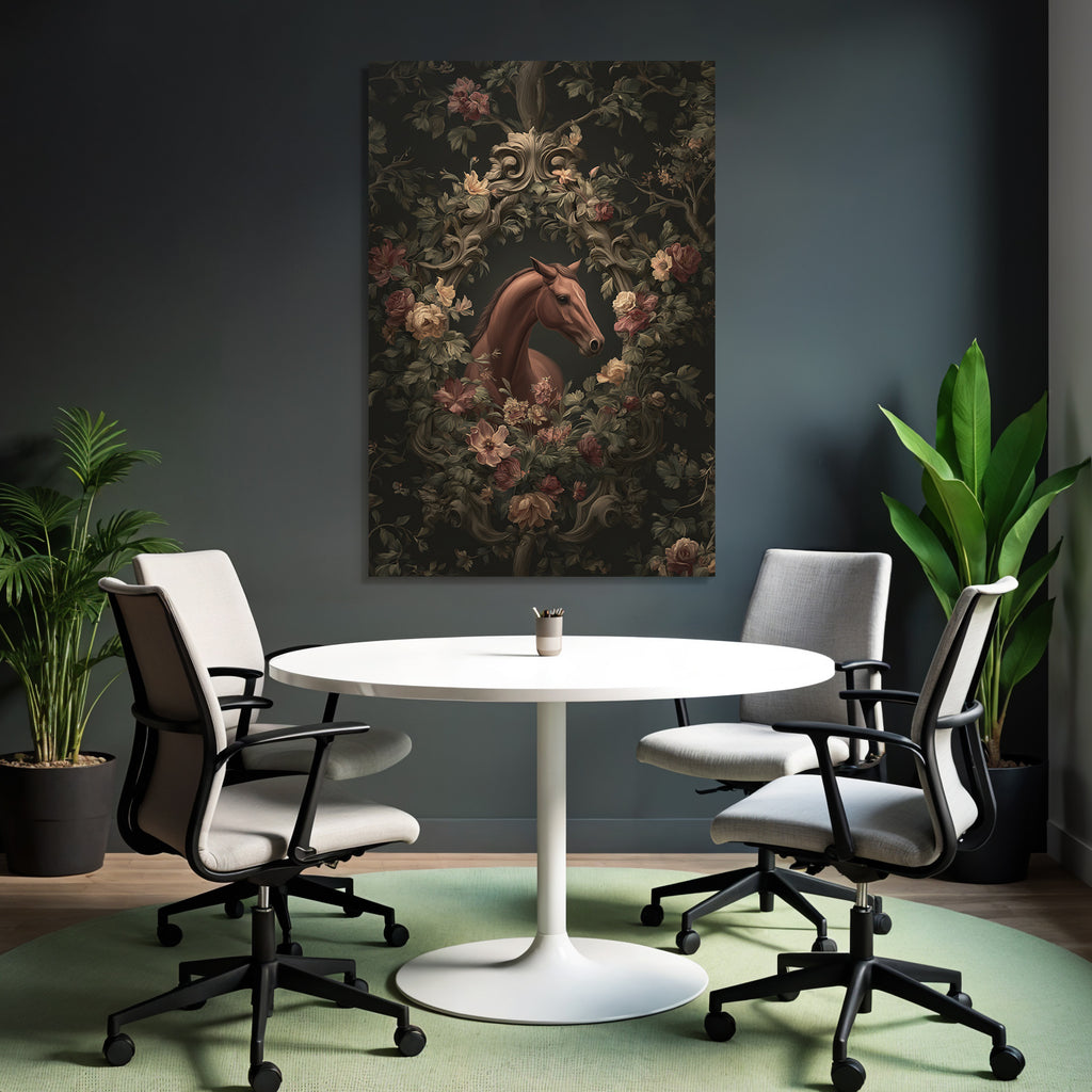 Pferd Umgeben Von Blumen Illustration Dunkler Hintergrund