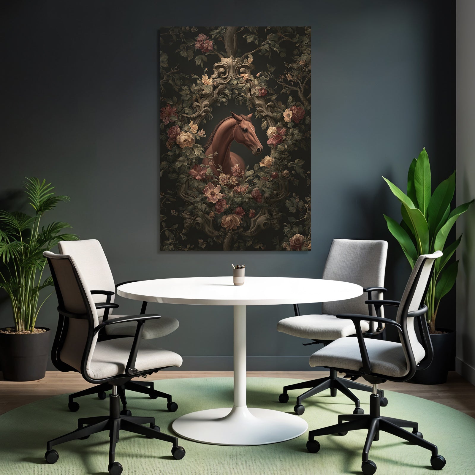 Pferd Umgeben Von Blumen Illustration Dunkler Hintergrund