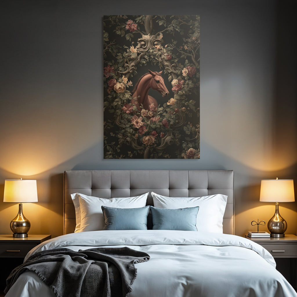 Pferd Umgeben Von Blumen Illustration Dunkler Hintergrund