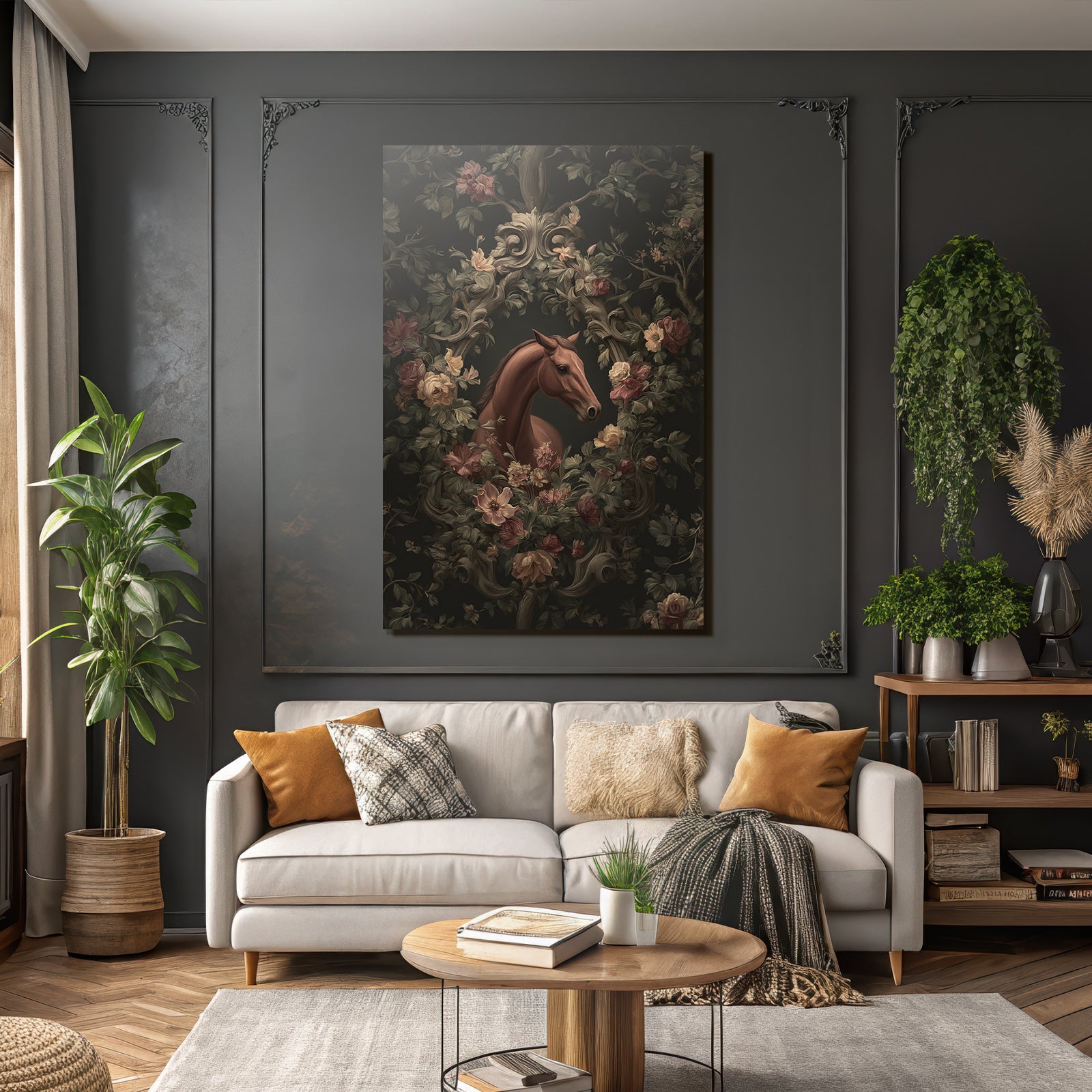 Pferd Umgeben Von Blumen Illustration Dunkler Hintergrund