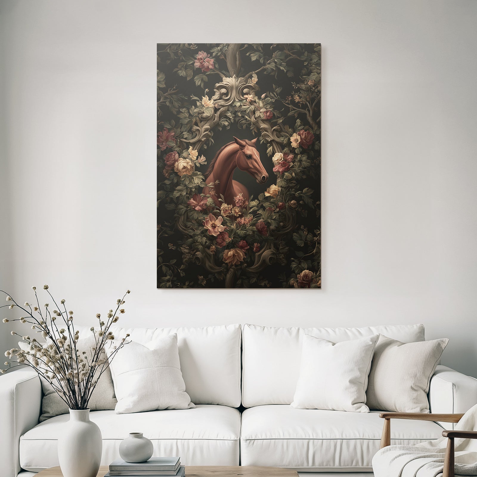 Pferd Umgeben Von Blumen Illustration Dunkler Hintergrund