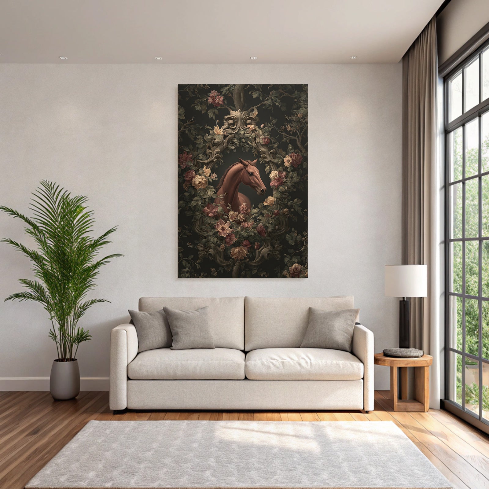 Pferd Umgeben Von Blumen Illustration Dunkler Hintergrund