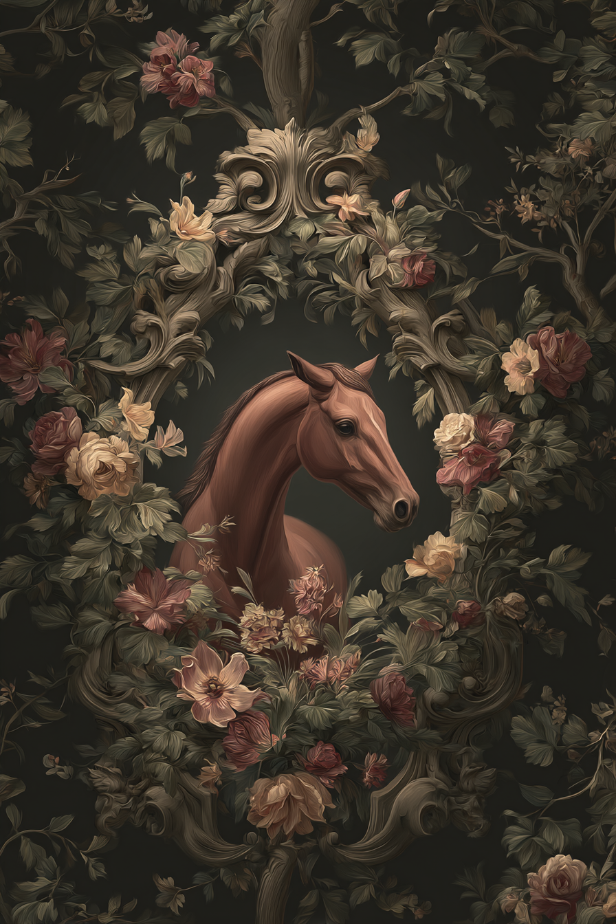 Pferd Umgeben Von Blumen Illustration Dunkler Hintergrund | Klassisch | Einrichtungsstile