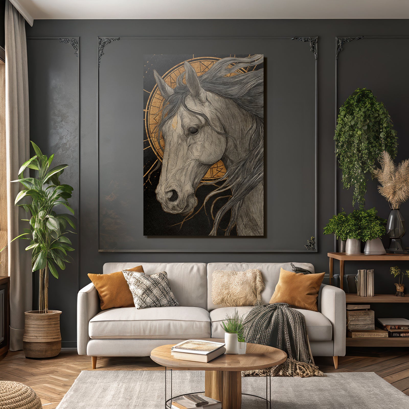 Pferdekopf Kunstvolle Lineare Illustration Mystisches Hintergrund