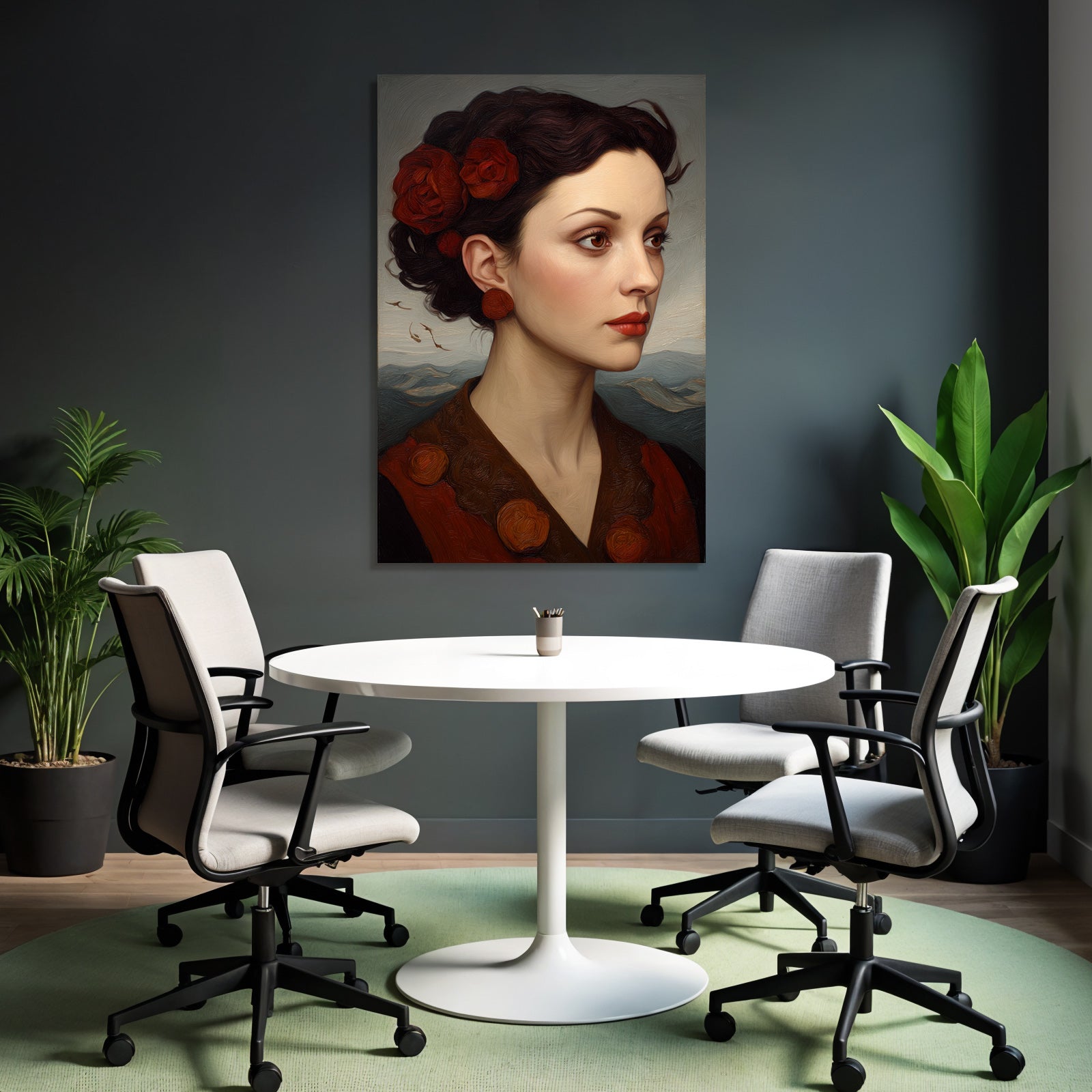 Portrait Der Frau Mit Blumen Im Profil
