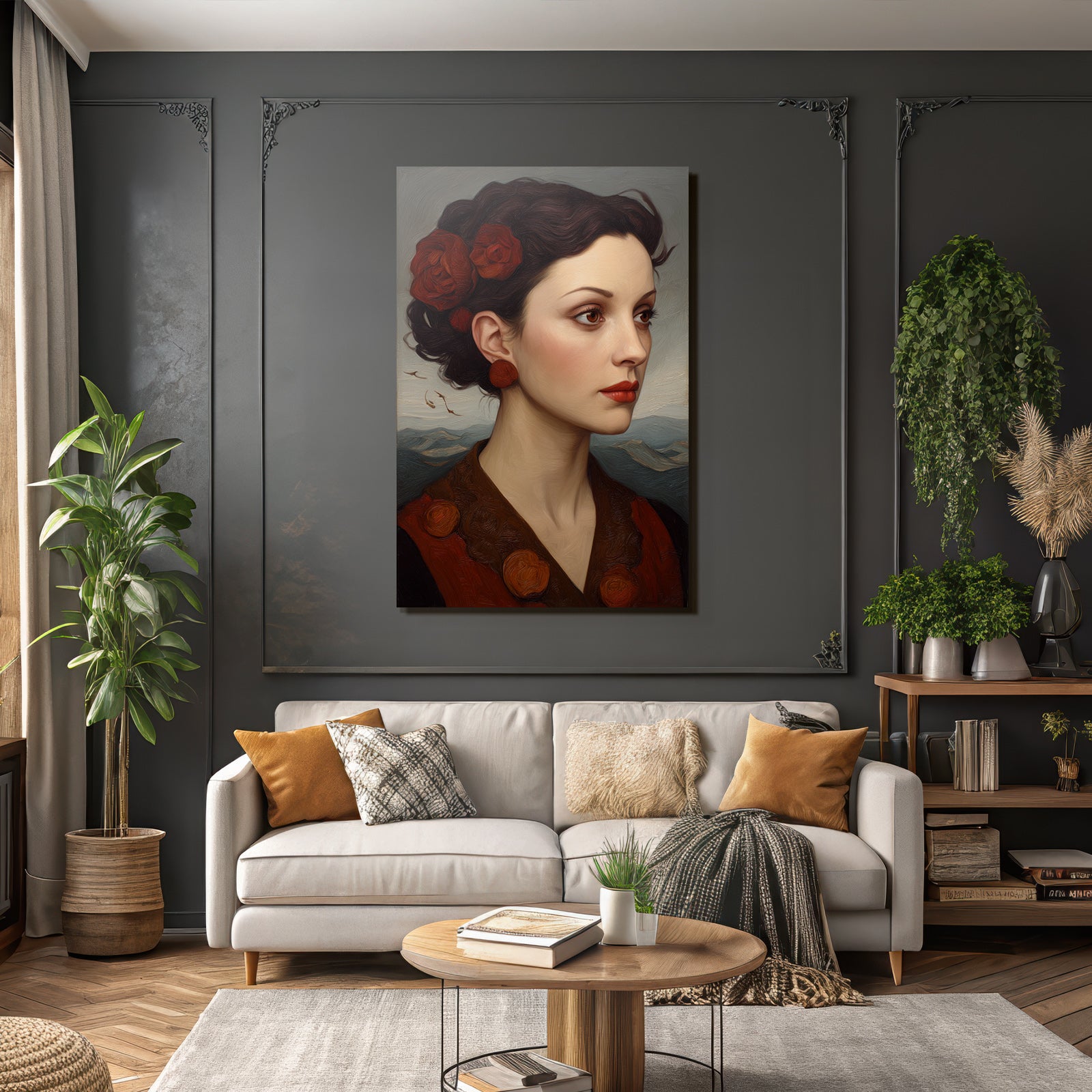 Portrait Der Frau Mit Blumen Im Profil