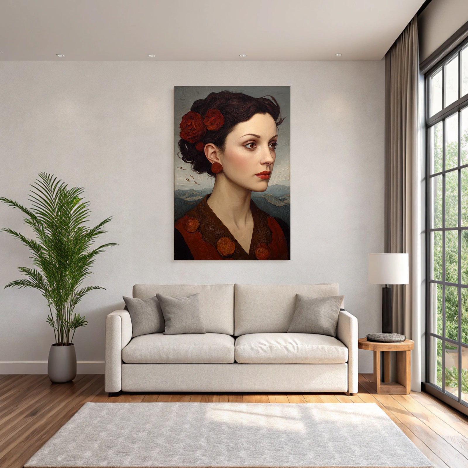Portrait Der Frau Mit Blumen Im Profil