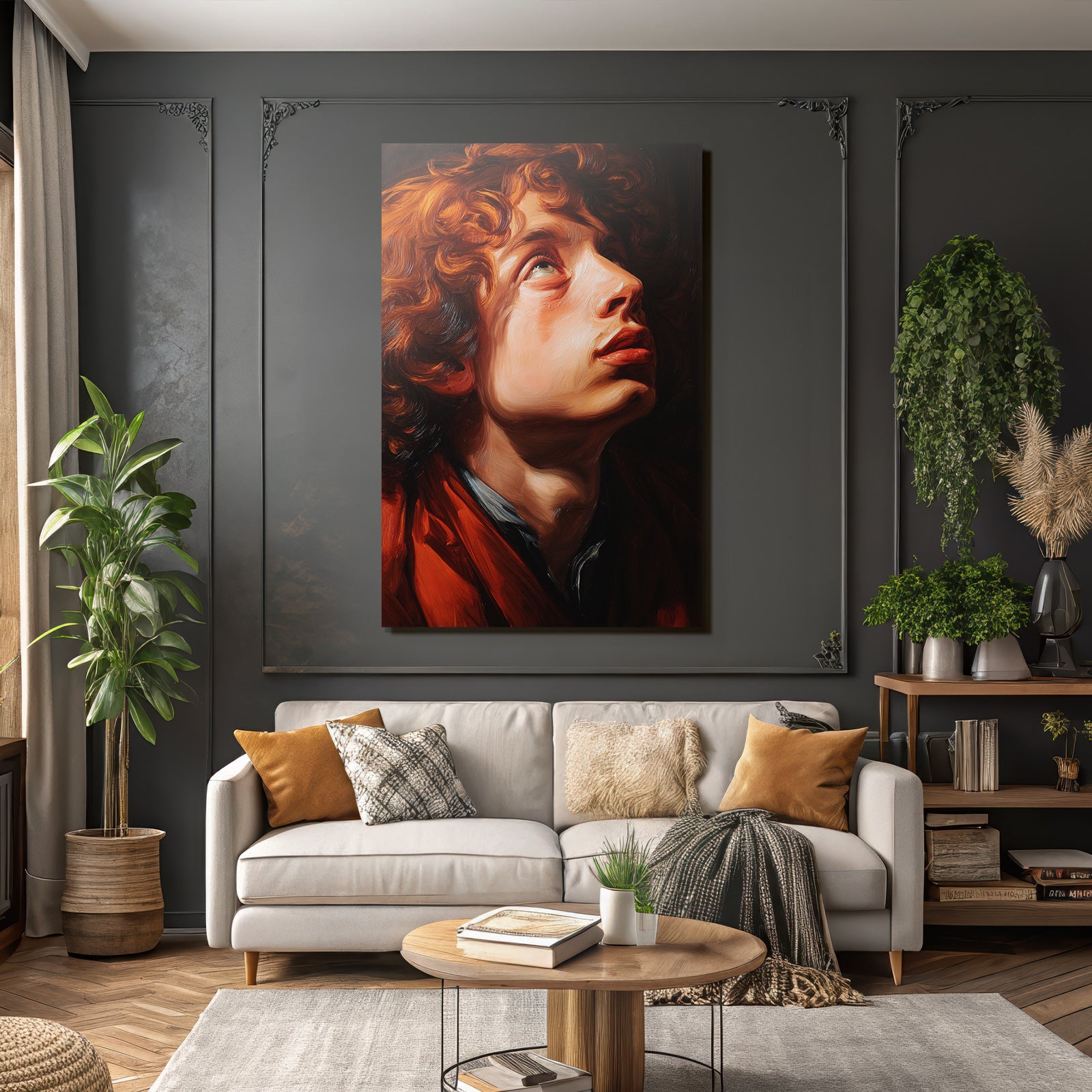 Portrait Junger Mensch Mit Lockigem Haar Ausdrucksvoll Oelgemaelde