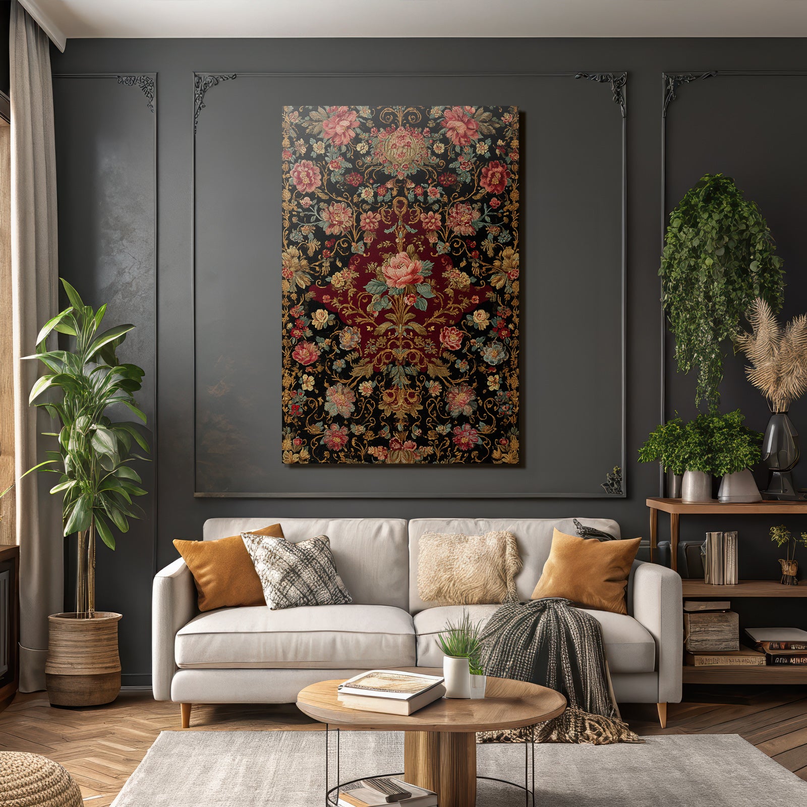 Reich Bestickter Blumenstoff Dunkler Hintergrund