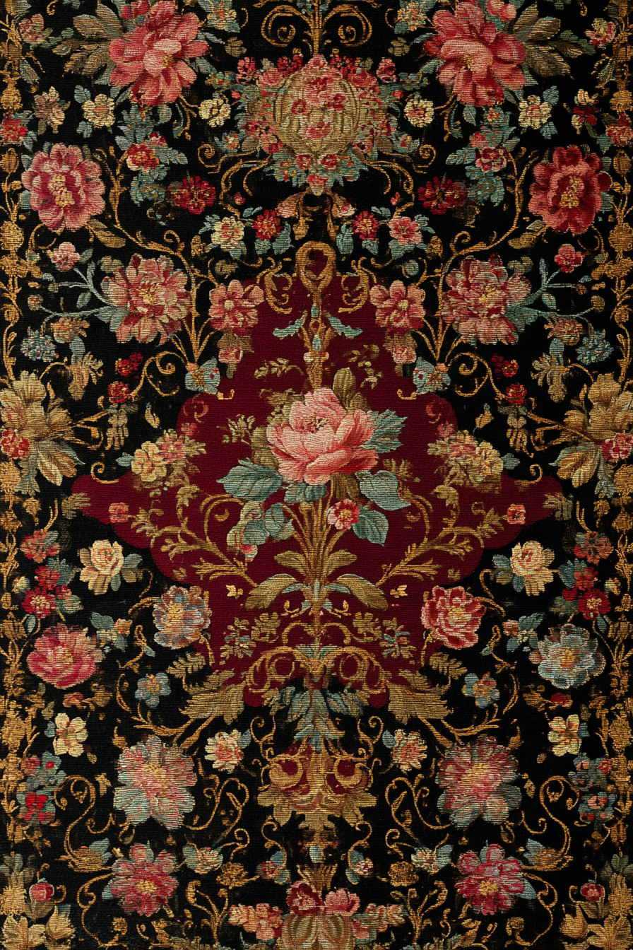 Reich Bestickter Blumenstoff Dunkler Hintergrund | Klassisch | Einrichtungsstile