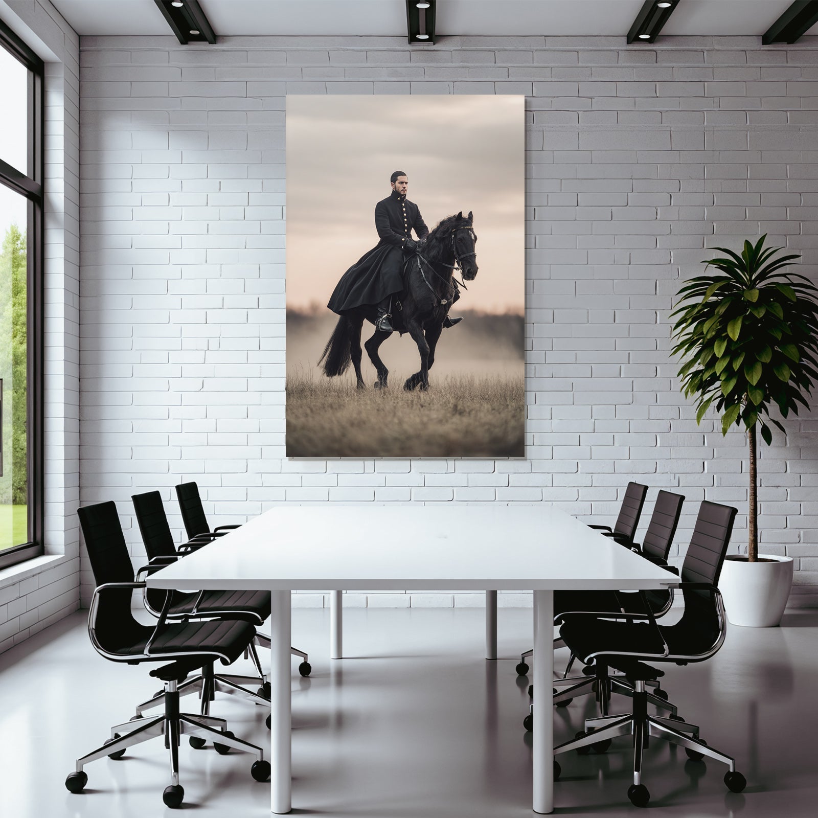 Ritter Mit Schwarzem Pferd Im Offenen Landscape Mit Dramatischem Himmel