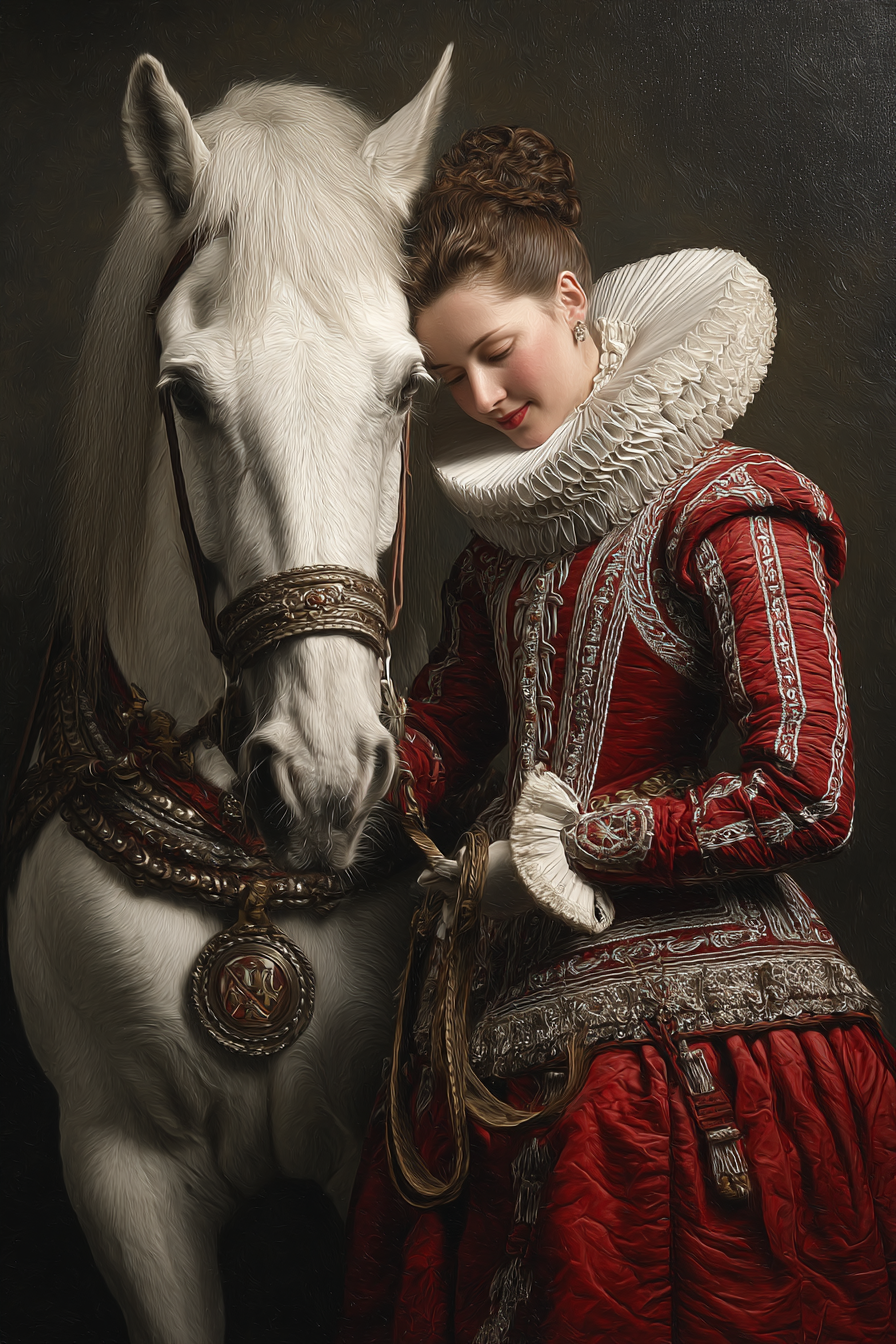 Rochade Und Pferdeliebe Ornate Rotes Kleid Historische Portraitkunst | Klassisch | Einrichtungsstile