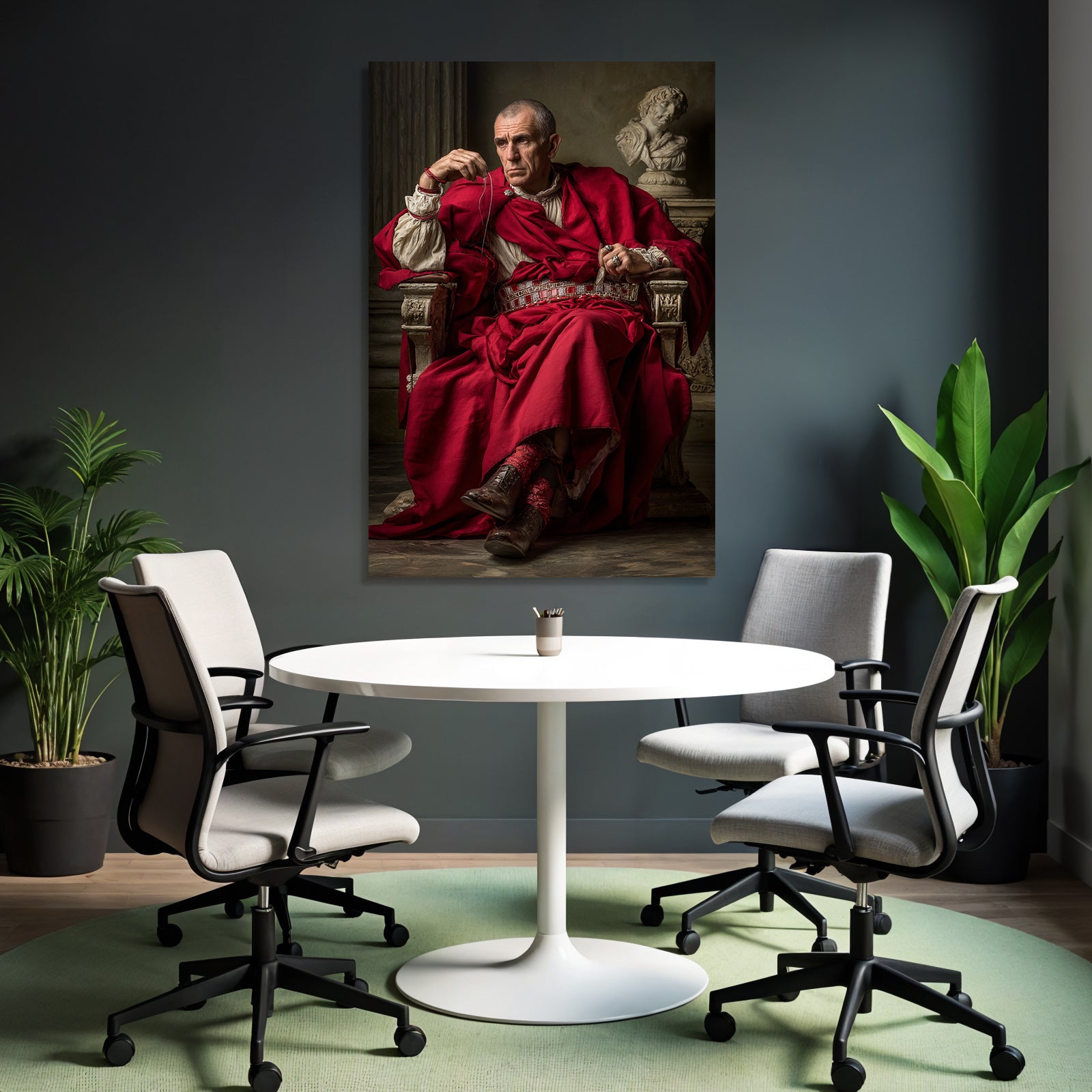 Roter Robe Historia Nobler Mann Sitzend Neben Skulptur