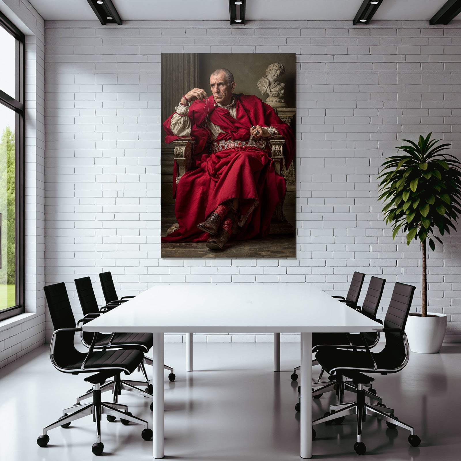 Roter Robe Historia Nobler Mann Sitzend Neben Skulptur