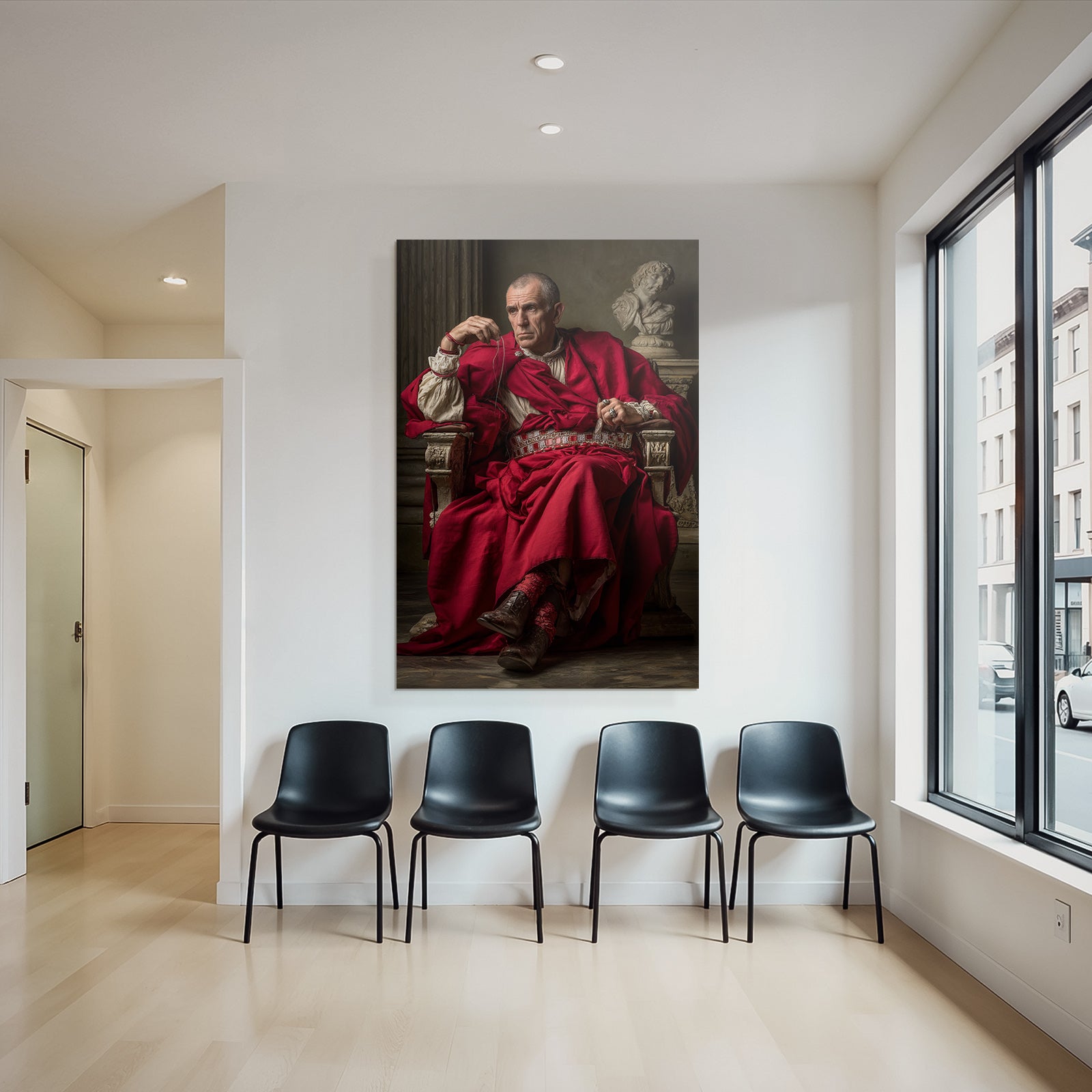 Roter Robe Historia Nobler Mann Sitzend Neben Skulptur