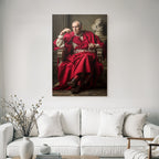 Roter Robe Historia Nobler Mann Sitzend Neben Skulptur