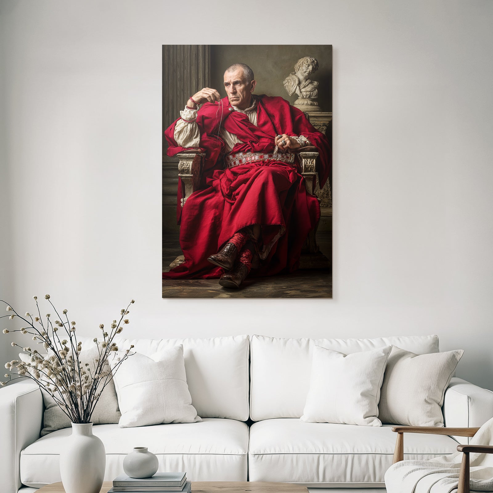 Roter Robe Historia Nobler Mann Sitzend Neben Skulptur