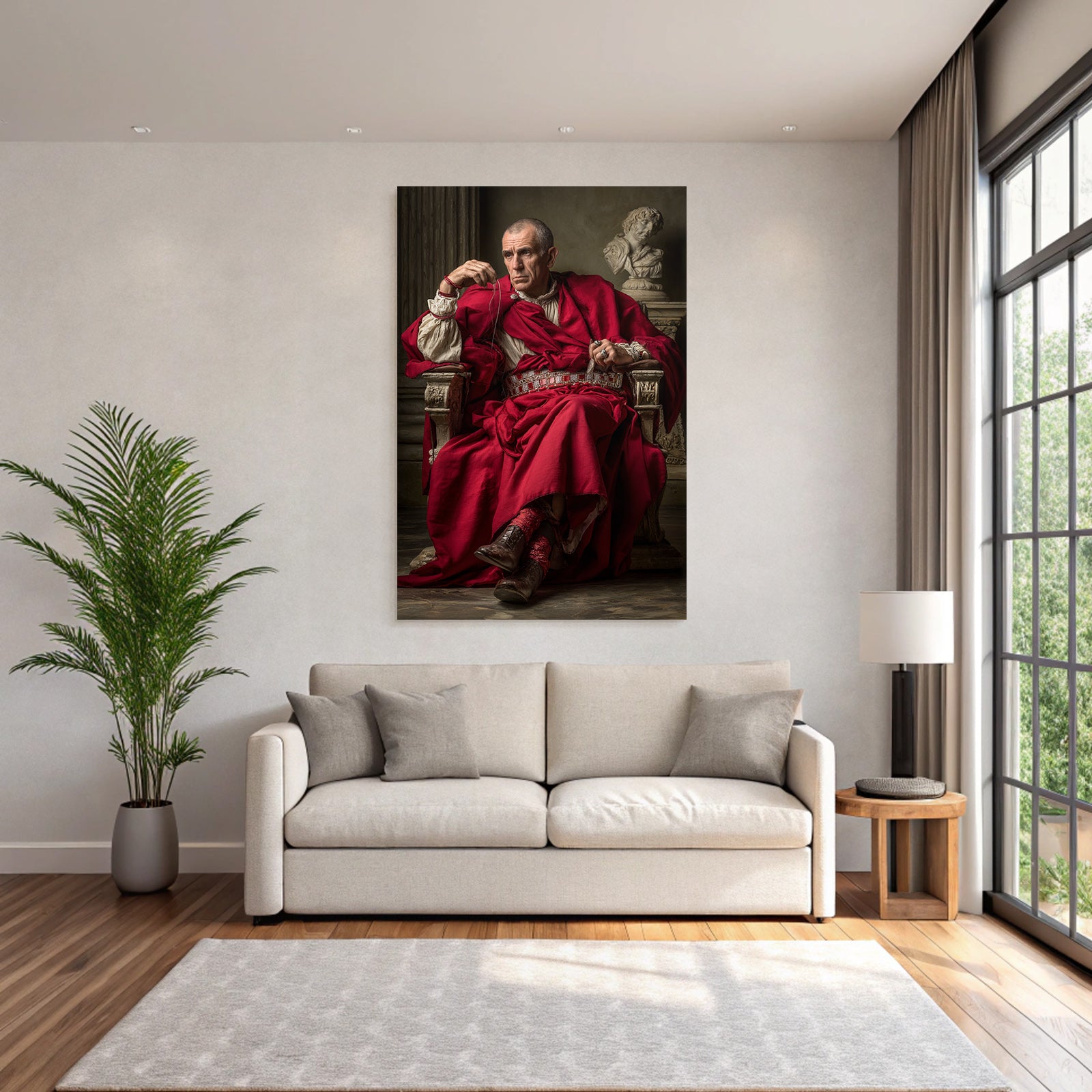 Roter Robe Historia Nobler Mann Sitzend Neben Skulptur