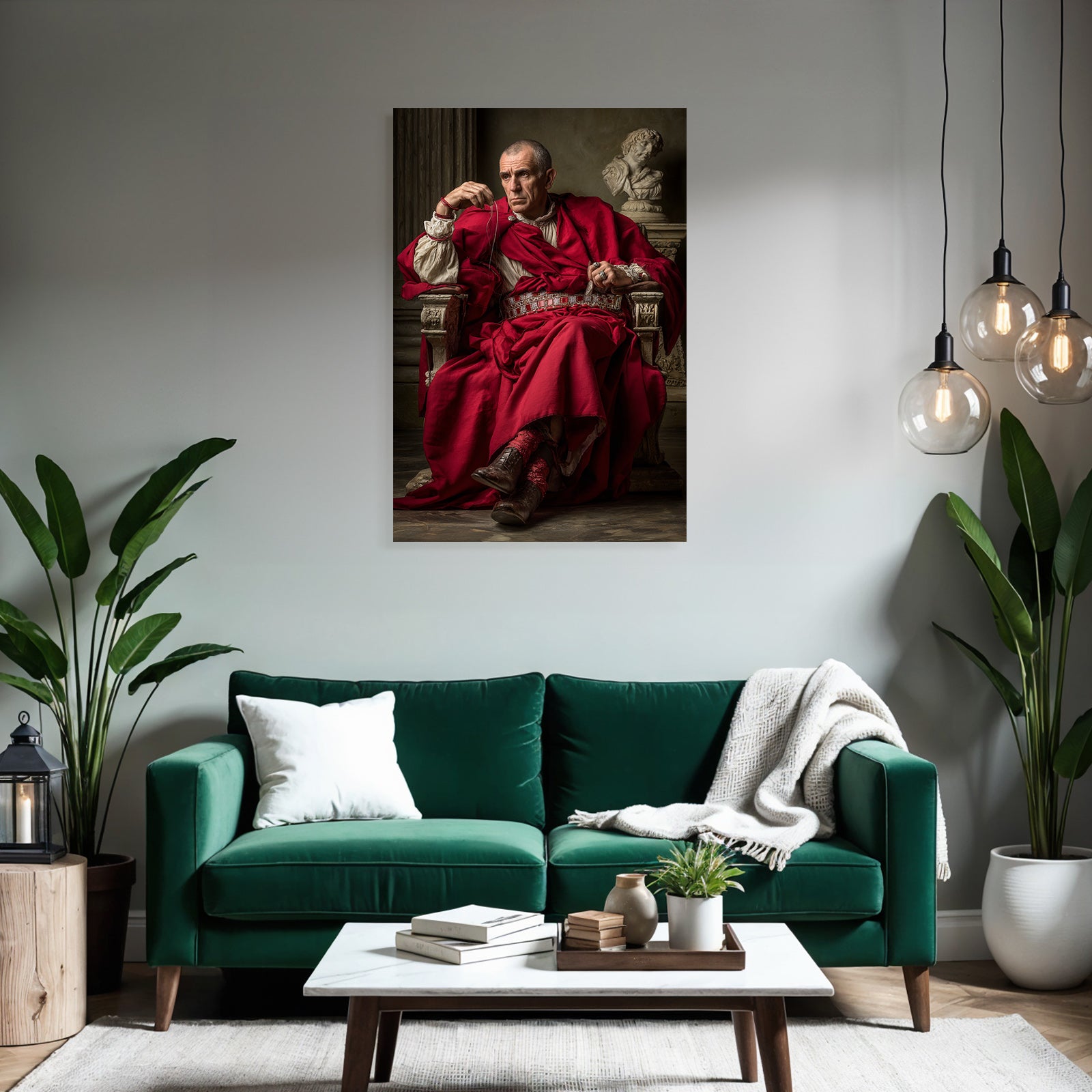 Roter Robe Historia Nobler Mann Sitzend Neben Skulptur