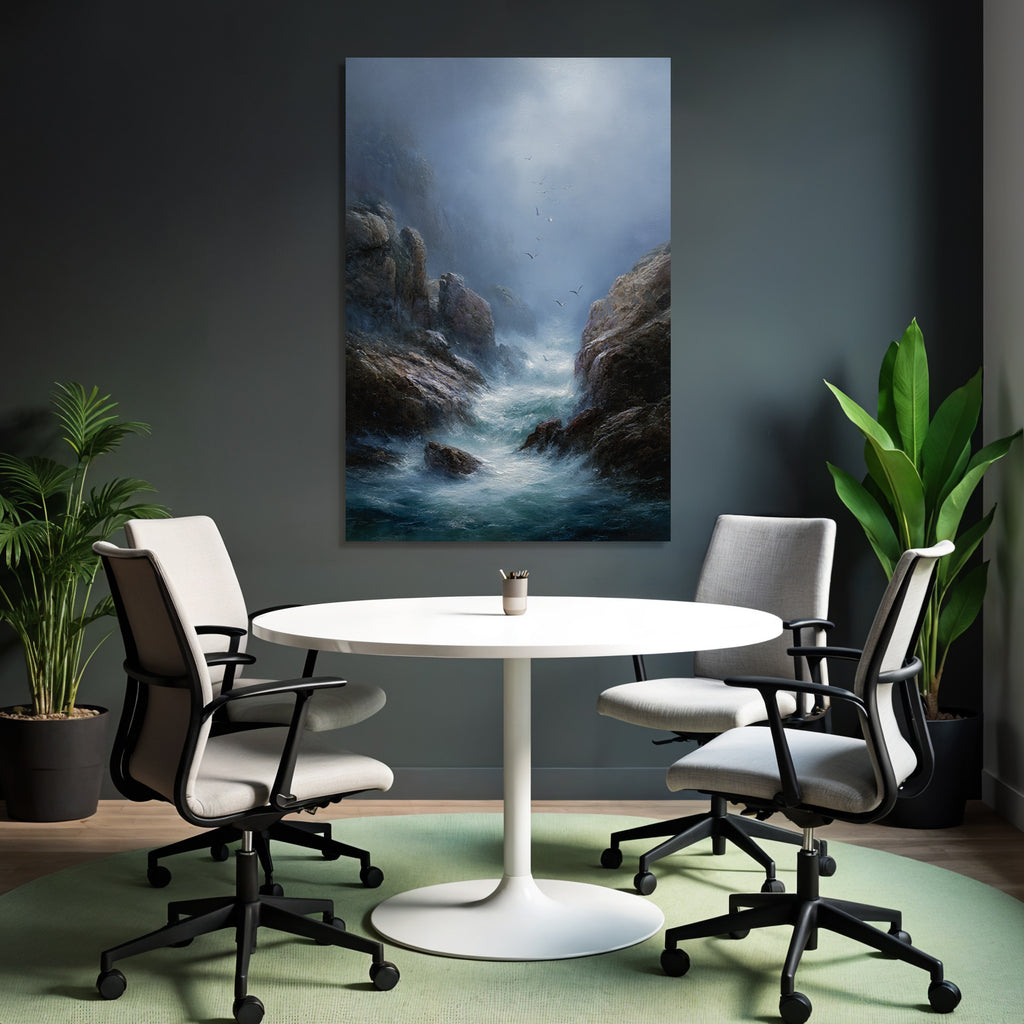 Ruhige Kuestenlandschaft Felsen Watervoegel Nebel Atmosphaere