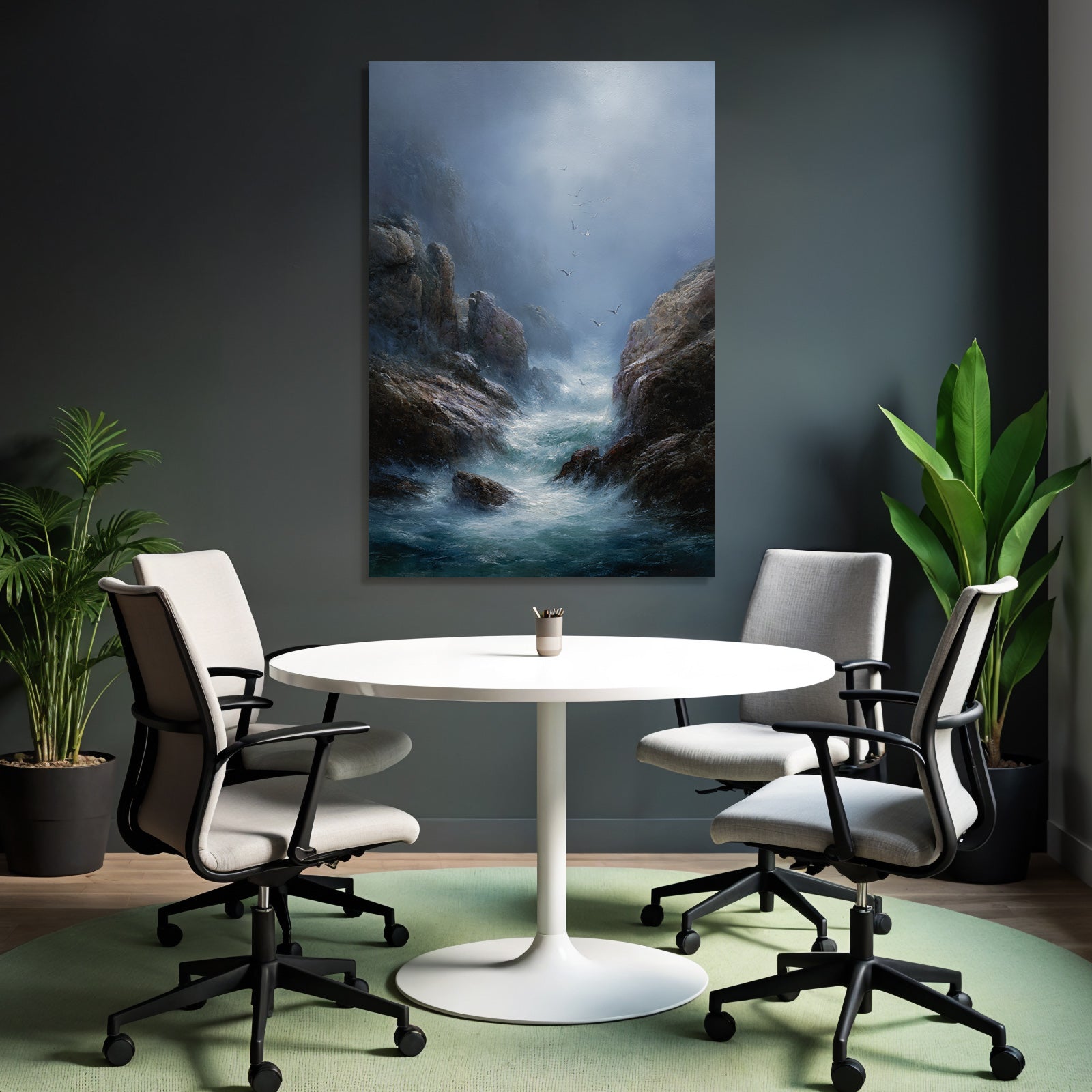 Ruhige Kuestenlandschaft Felsen Watervoegel Nebel Atmosphaere