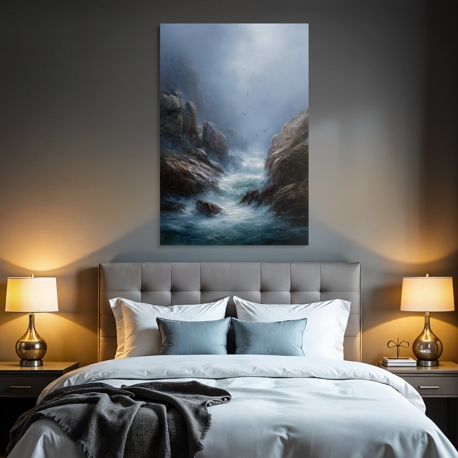 Ruhige Kuestenlandschaft Felsen Watervoegel Nebel Atmosphaere