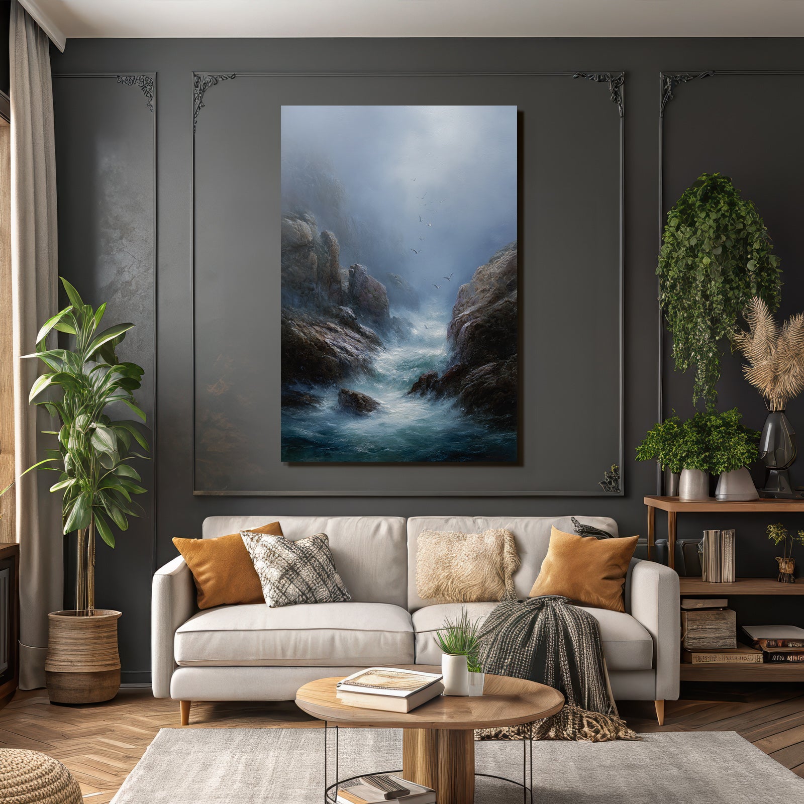 Ruhige Kuestenlandschaft Felsen Watervoegel Nebel Atmosphaere