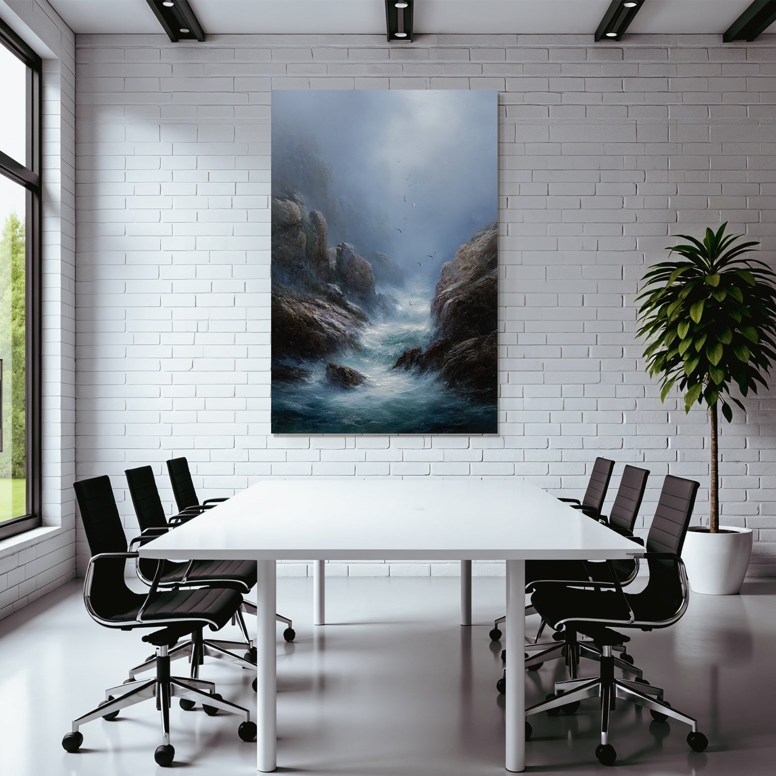 Ruhige Kuestenlandschaft Felsen Watervoegel Nebel Atmosphaere