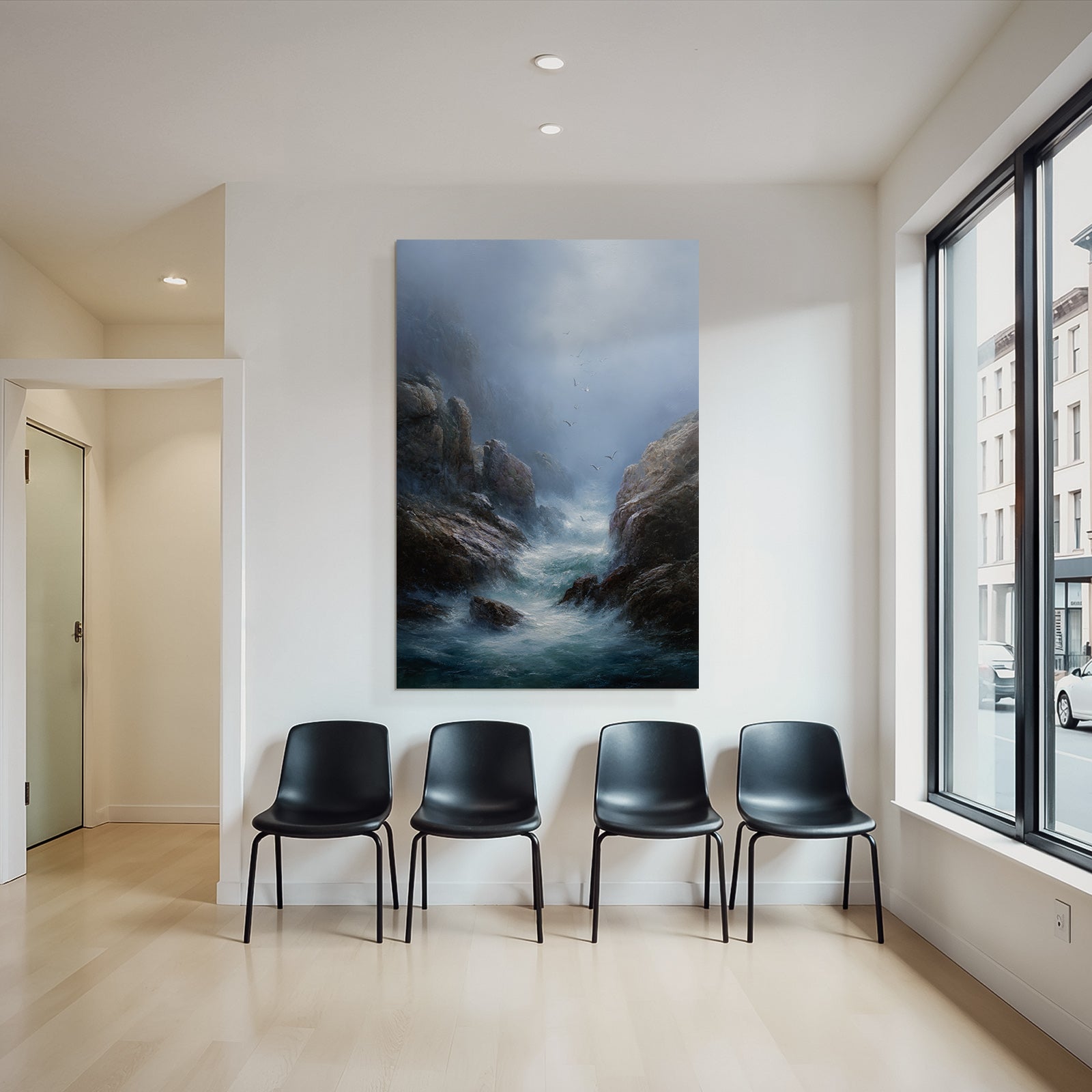 Ruhige Kuestenlandschaft Felsen Watervoegel Nebel Atmosphaere