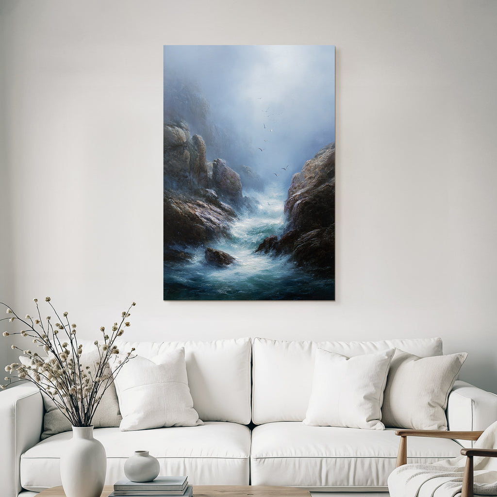 Ruhige Kuestenlandschaft Felsen Watervoegel Nebel Atmosphaere