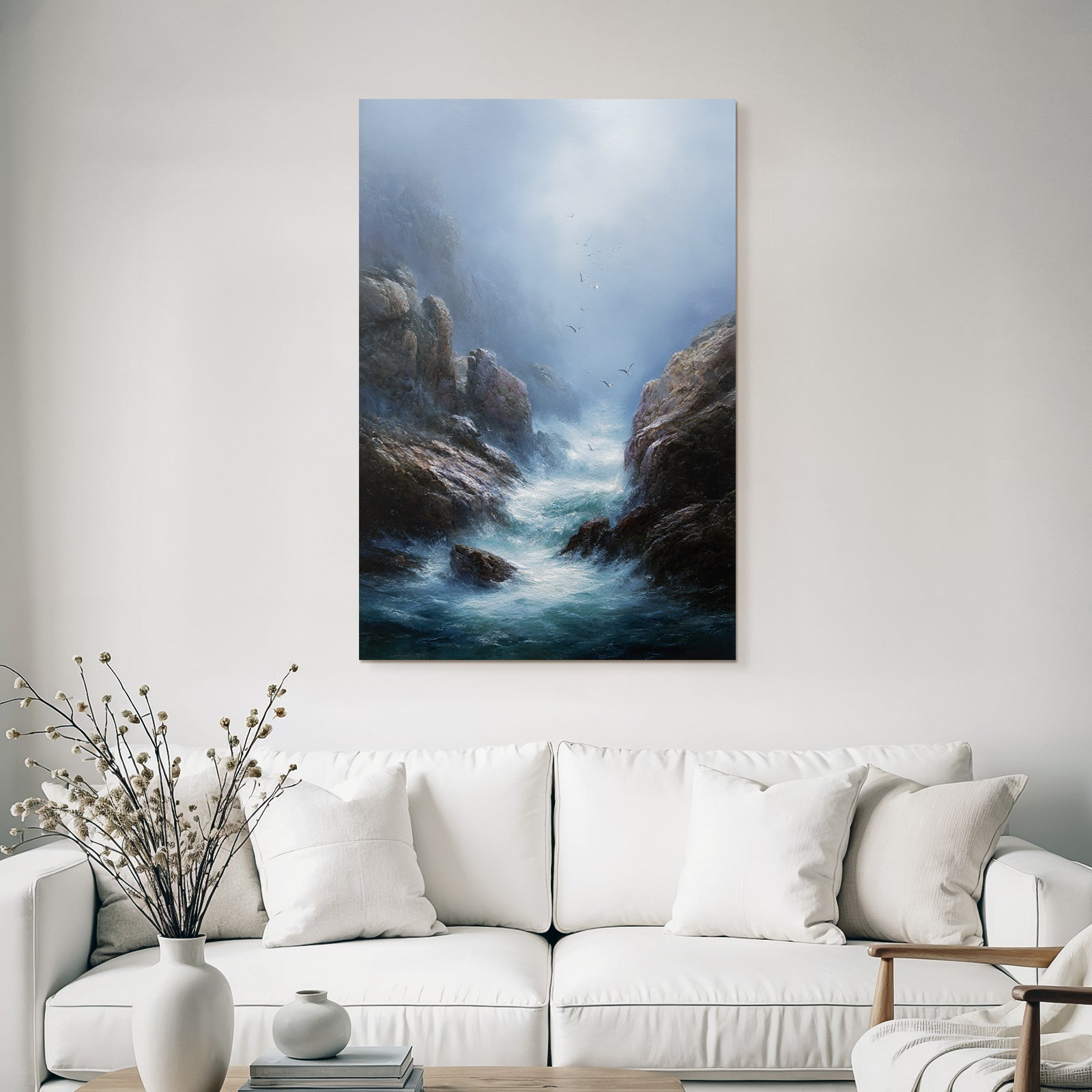 Ruhige Kuestenlandschaft Felsen Watervoegel Nebel Atmosphaere