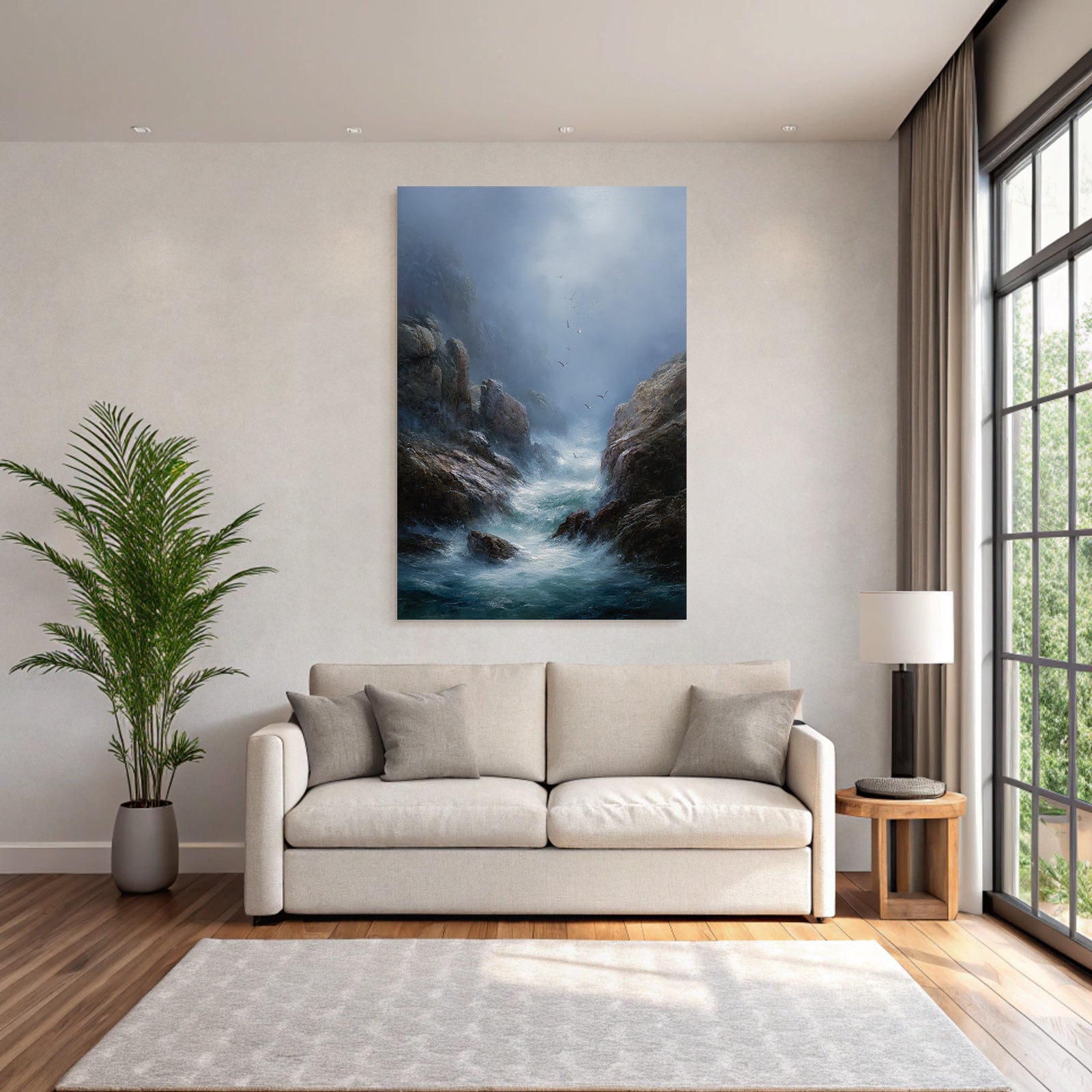 Ruhige Kuestenlandschaft Felsen Watervoegel Nebel Atmosphaere